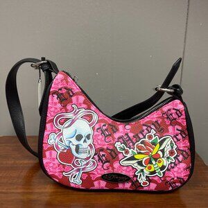 Ed Hardy Black with Pink Skull Handbag with Detachable Cross Body Strap